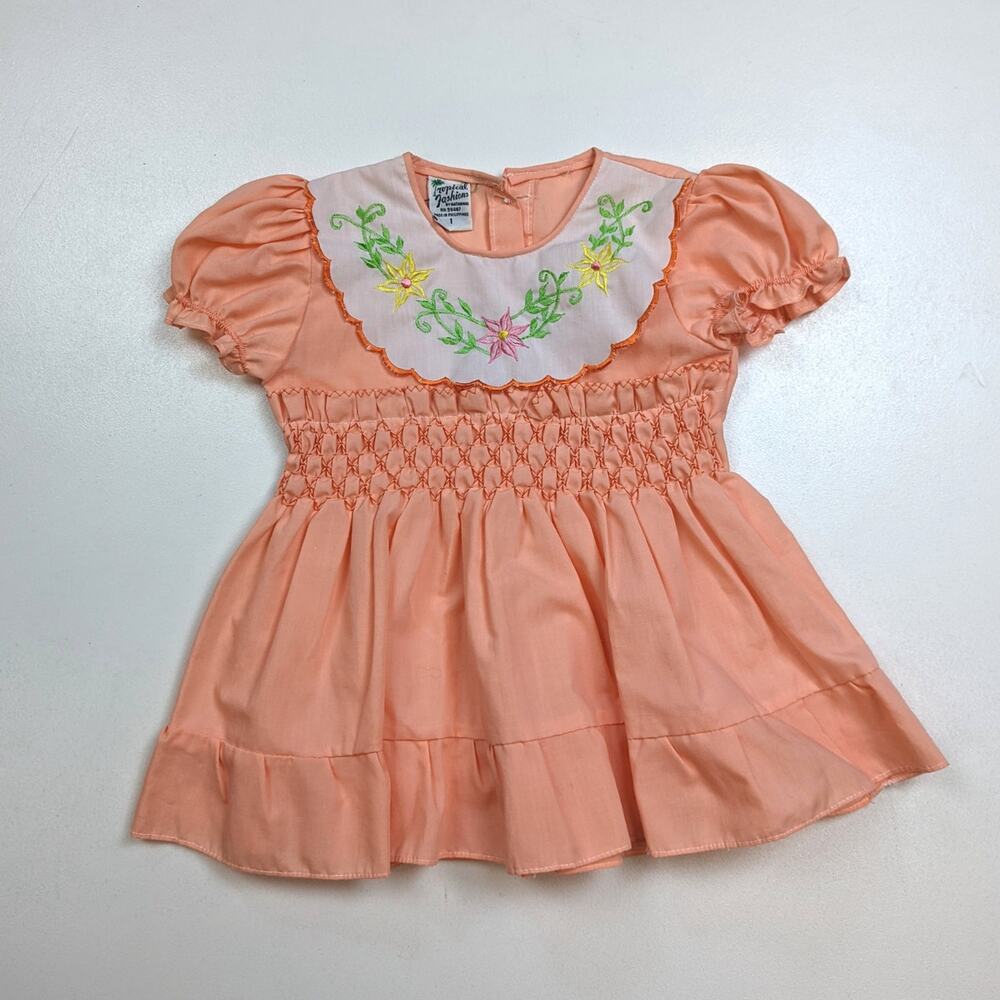 Vintage Tropical Fashions Dress Baby Girls Sz 12m Orange Peach Smocked Boho